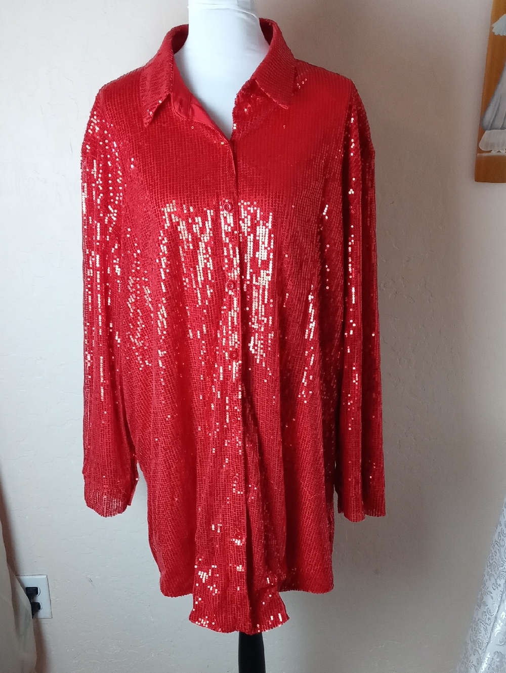 Red Sequin Button-Front Shirt